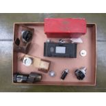A quantity of Leitz and other camera equipment including film copier and viewfinder.