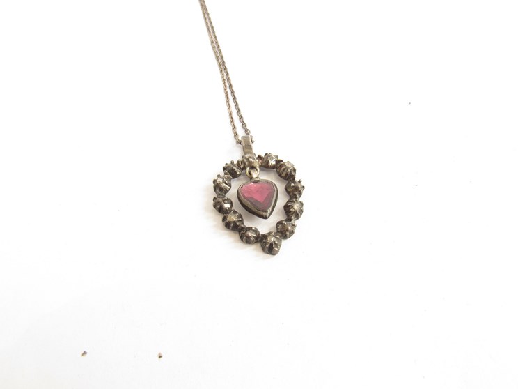 A Georgian diamond and ruby heart pendant on chain with later bail