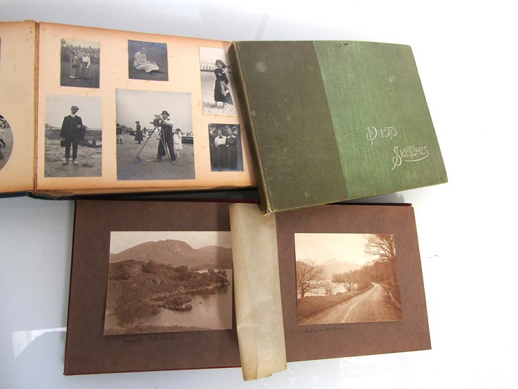 Three early Twentieth Century photograph albums, two of Scotland including red cloth album,
