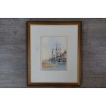 GODFREY SAYERS (XX/XXI) A framed and glazed watercolour tall ships in quayside, signed bottom left,