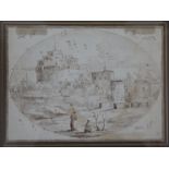 A framed and glazed early 18th Century Old Master pen and wash study of a castle with figures in