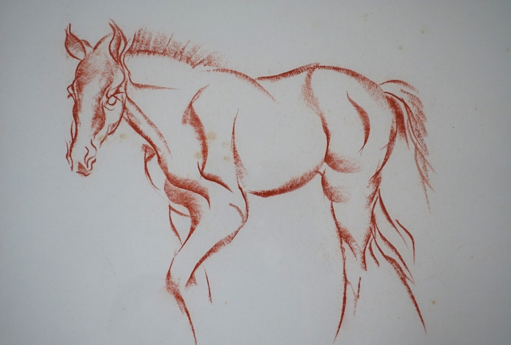 A framed and glazed early 20th Century study in red pastel of a stylised horse. - Image 2 of 5