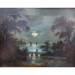 Attributed to Abraham Pether (1756-1812): Moonlit river mouth scene with a figure on a bridge in