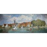 GEORGE COLMAN-GREEN (1877-1970) An oil on board of a Broads riverside village scene with boats on