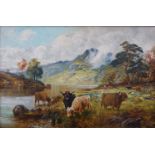 A late 19th Century oil on canvas of Highland cattle resting at rivers edge with mountains beyond.