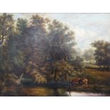 A late 19th Century oil on canvas, cattle drinking at a riverside with woodland beyond. Unsigned.