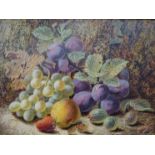 OLIVER CLARE (1853-1927): A gilt framed oil on board still life with grapes, plums,