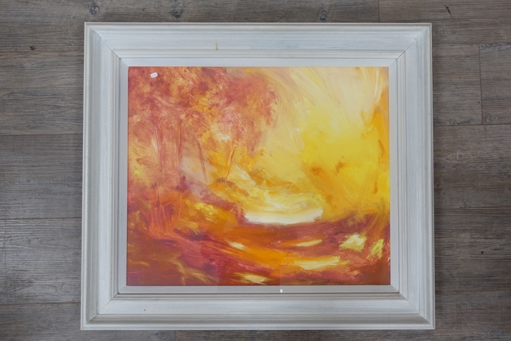 PETER DANIELS (1935-1998): A framed and glazed abstract Pembrokeshire landscape scene at sunset.