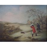 An early 19th Century oil on canvas of figures shooting partridge. Unsigned work.