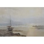 DAVID JAMES (1834-1892): A framed and glazed watercolour, sailboat on the shore. Unsigned.
