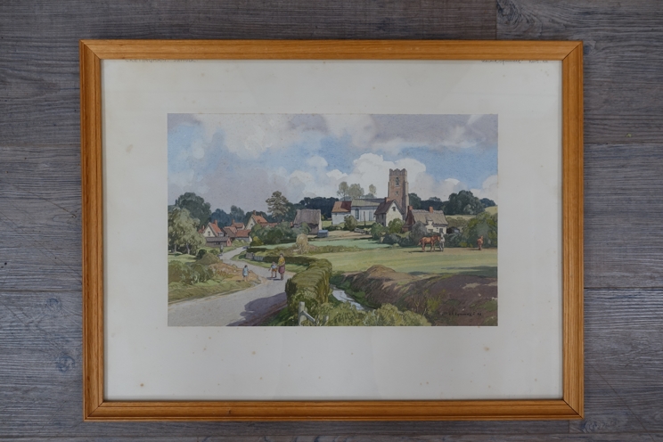 LEONARD RUSSELL SQUIRRELL: (1893-1979) (ARR) A framed and glazed watercolour, Cretingham Suffolk, - Image 3 of 6