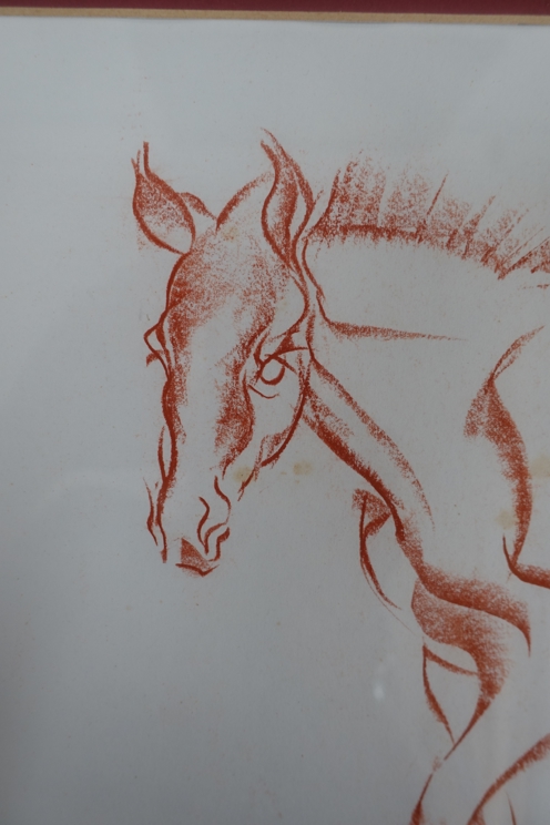 A framed and glazed early 20th Century study in red pastel of a stylised horse. - Image 3 of 5