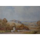 In the style of Birkett Foster, a framed and glazed watercolour, Shepherd with flock of sheep,