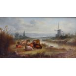 A 19th Century gilt framed oil on canvas, cattle resting by riverside, windmill in distance.