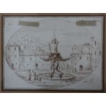 A framed and glazed early 18th Century Old Master pen and wash study of a fountain in a market