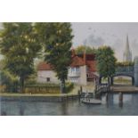 A watercolour of Pulls Ferry, Norwich. Monogram bottom left and dated 1909. Gilt framed and glazed.