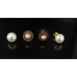 A pair of pearl stud earrings and a pair of garnet and pearl cluster earrings