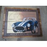 Four modern prints on rustic timber boards 1966 Shelby Cobra, Jaguar XK,