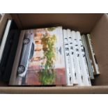 A box of books including 'The New Flying Spur' and cars volumes 1886-1930, 1930-1950,