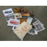 A tray of motoring ephemera etc including photographs, Jaguar E Type Series 1 print, ashtray,