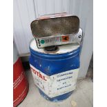 Three French oil cans including hexagon shape Total SAE 30 can,