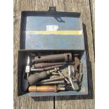 A box of mixed tools including a plug tester, panel beaters hammer,