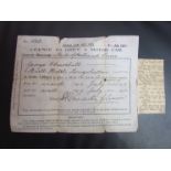 A 1911 driving licence issued to George Churchill of Long Stratton on the 7th July 1911 along with