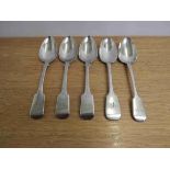 Five serving spoons three by Thomas Wallis (II) and Jonathan Hayne,