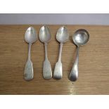 Three Victorian silver spoons and a ladle various makers and dates including Benjamin Stephens &