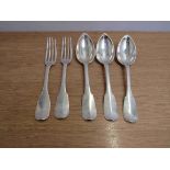 Three French silver rat tail white metal spoons, and two forks,