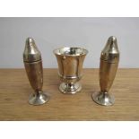 A white metal salt and pepperette and sterling trophy (3)