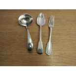 A Victorian silver fork London 1840, spoon dated 1807 and continental silver ladle,