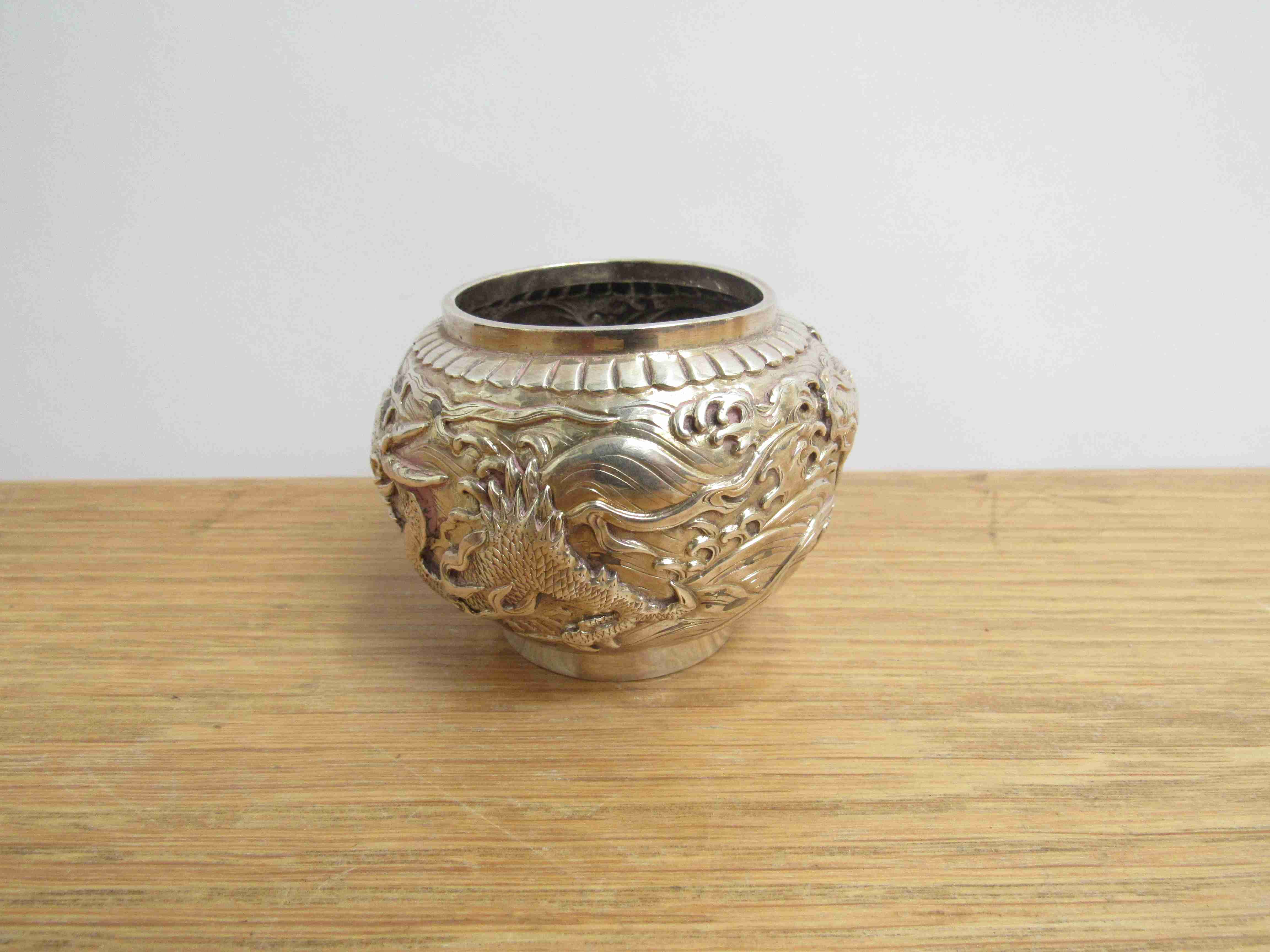 A Chinese silver pot with dragon detail, marks to base, 6cm tall, 8cm diameter, - Image 2 of 4
