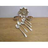 Two silver napkin rings, five mixed teaspoons,