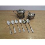A silver mustard and plated barrel mustard (2) and six silver teaspoons 118g