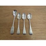 Three Victorian bright cut teaspoons and a Victorian oval headed spoon,