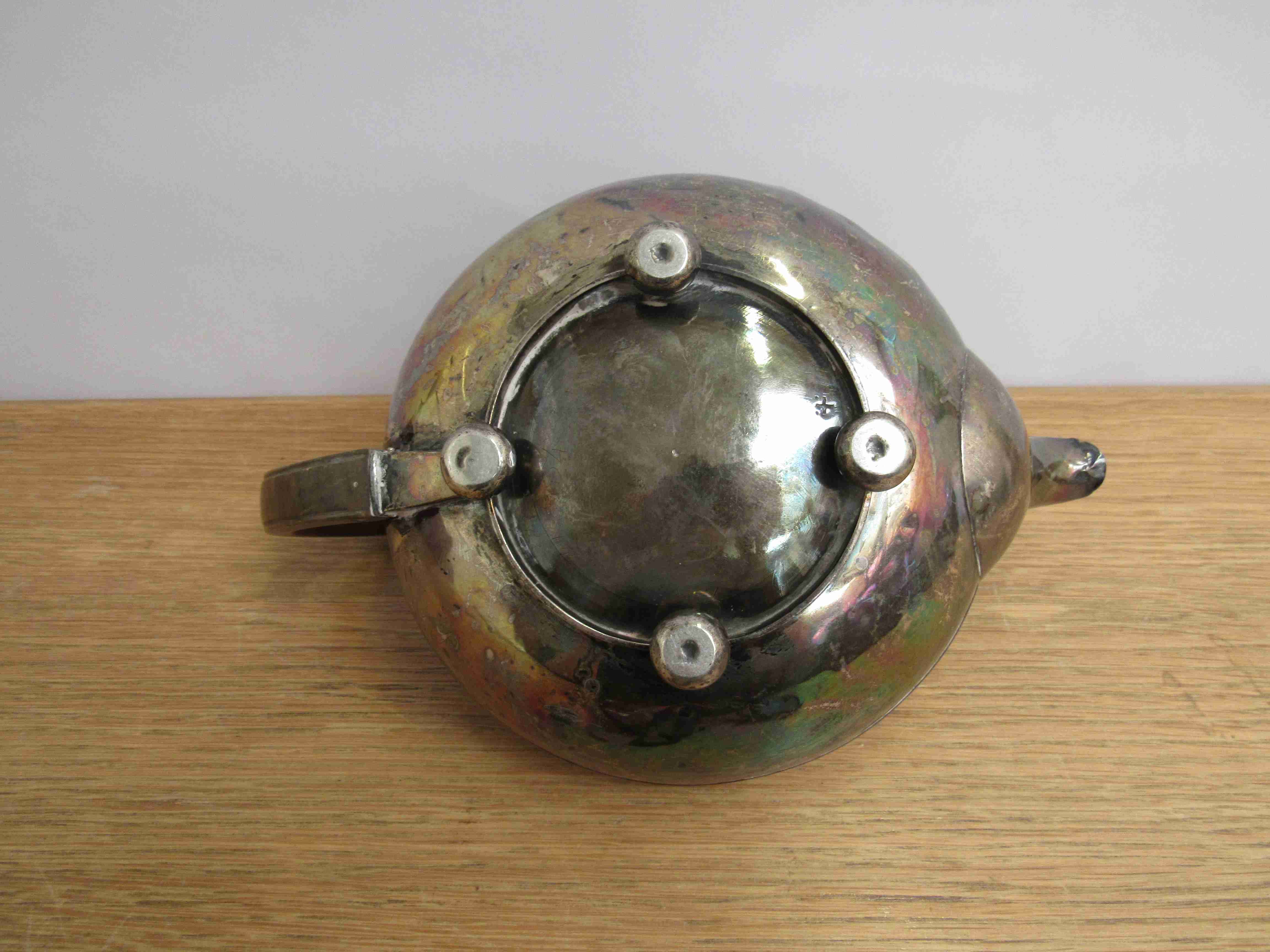 A Georgian silver teapot with treen finial and handle marks rubbed, dented, - Image 3 of 4