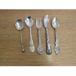 Three decorative silver spoons, fork and knife 121g,