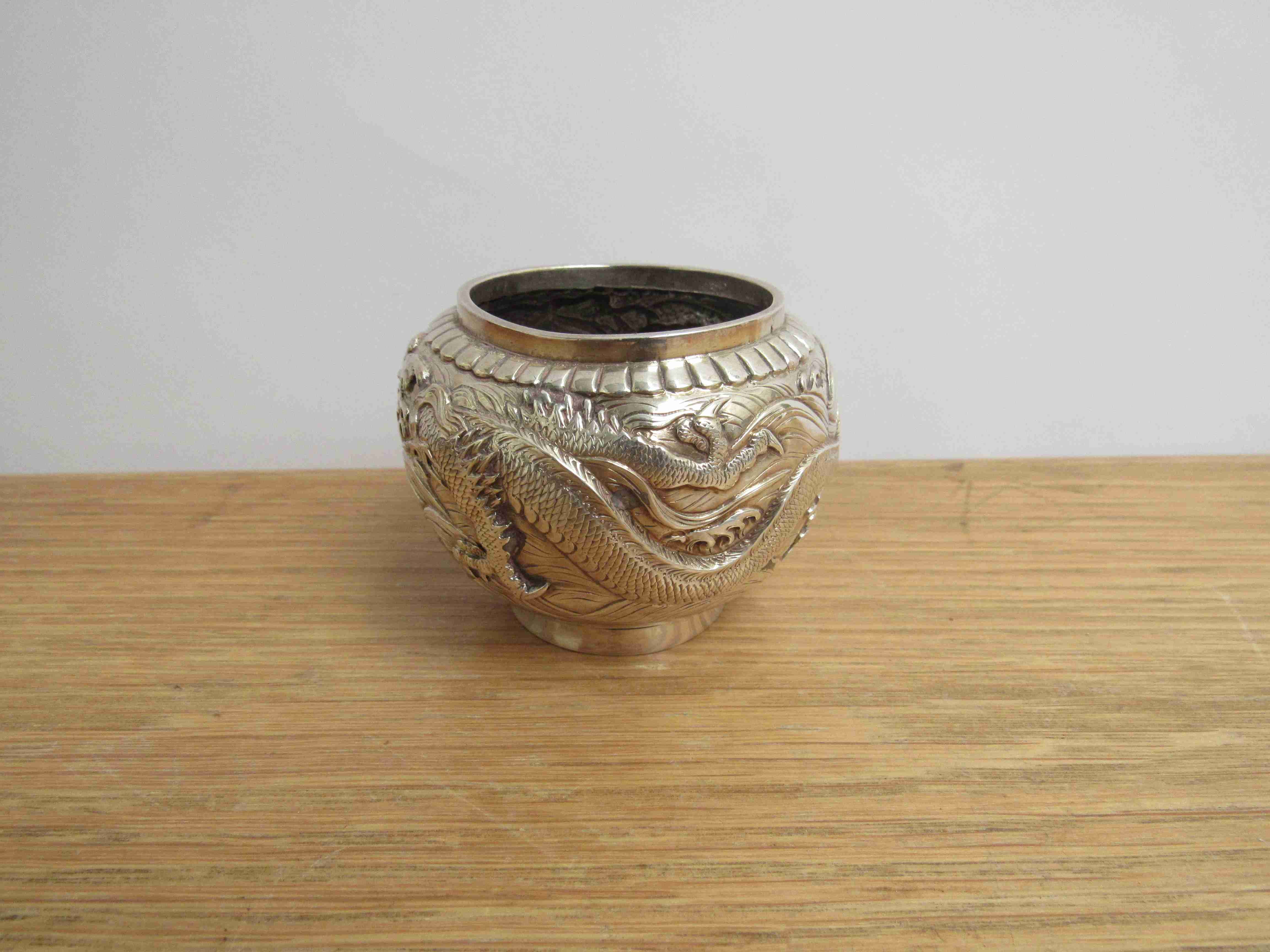 A Chinese silver pot with dragon detail, marks to base, 6cm tall, 8cm diameter, - Image 3 of 4