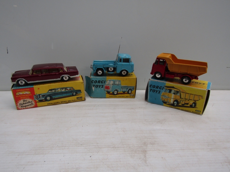 A boxed Corgi diecast 247 Mercedes Benz Pullman and 409 Forward Control Jeep together with a