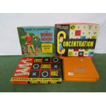 Three 1960's board games and a 1980's Fisher Price tool kit
