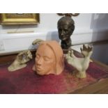 A painted plaster bust, terracotta bust and hand sculptures (6).