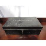 A metal safe box/tin, 40cm long.