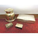 A silver cigarette box, ash pot and matchbox holders, various makers and dates (4).