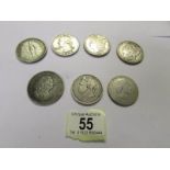 2 George III coins (1808 & 1819), a George IIII 1821 coin and 4 USA silver dollars (1865, 1888,