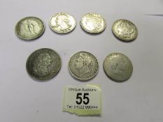 2 George III coins (1808 & 1819), a George IIII 1821 coin and 4 USA silver dollars (1865, 1888,