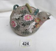 An oriental quail teapot, signed under lid.