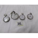 4 silver pocket watches for spares or repair.