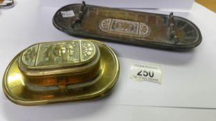 A 19th century embossed brass stamp box and matching pen tray (possibly French).