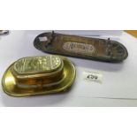 A 19th century embossed brass stamp box and matching pen tray (possibly French).